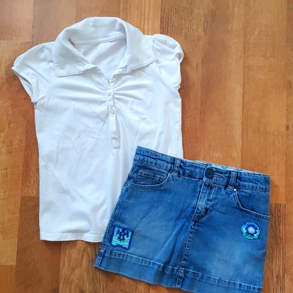 Faded Glory Girls Size 7 Short Sleeve White Polo with Embroidered Jean Skirt